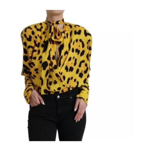 Dolce & Gabbana Leopard Print Ascot Krage Blus Bodysuit Yellow, Dam