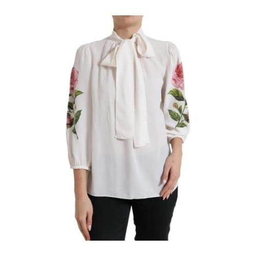 Dolce & Gabbana Silkeblomma Krage Topp Blus White, Dam