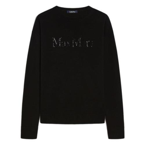 Max Mara Svart Crew Neck Tröja med Rhinestone Logo Black, Dam