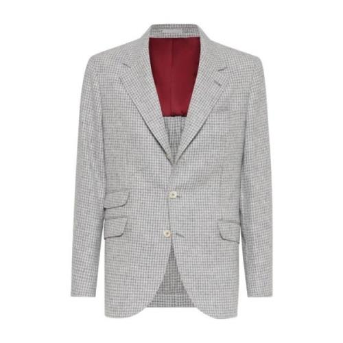 Brunello Cucinelli Hundtandsmönstrad Ylleblazer Gray, Herr