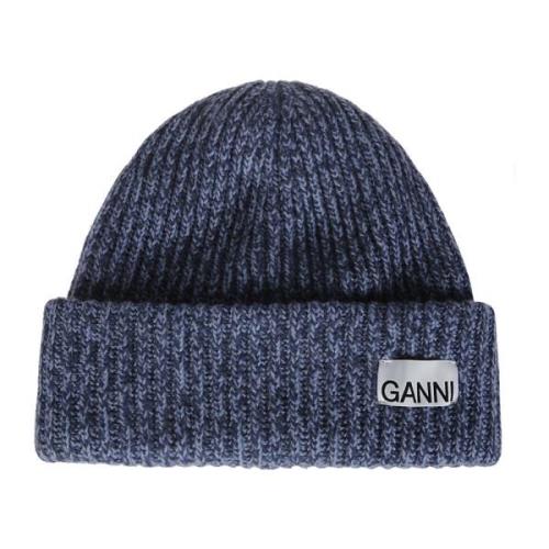 Ganni Ull logo beanie mössa Blue, Dam