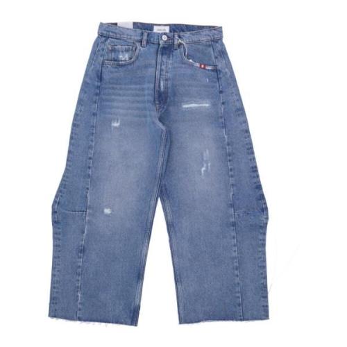 Amish Hög midja rak passform denim shorts Blue, Dam