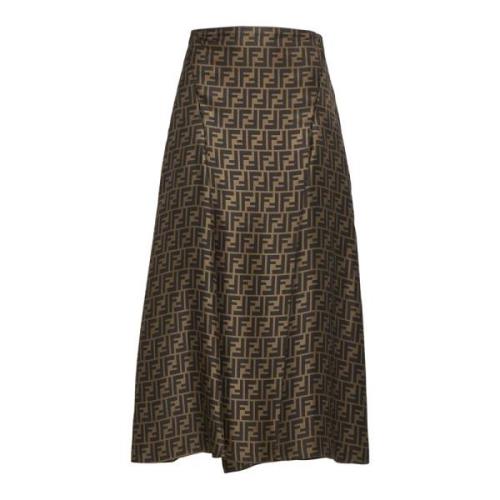 Fendi FF Motif Twill Midi Kjol Brown, Dam