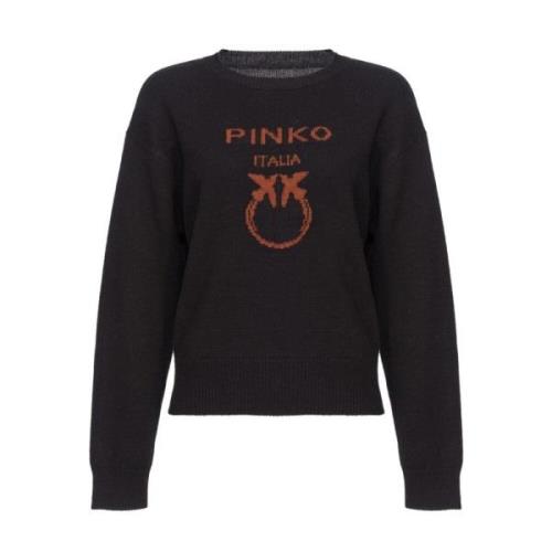 Pinko Svart Ullstickad Tröja Intarsia Logo Black, Dam