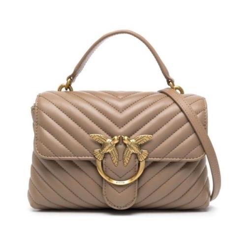 Pinko Chevron Quiltad Beige Läder Crossbody Väska Brown, Dam