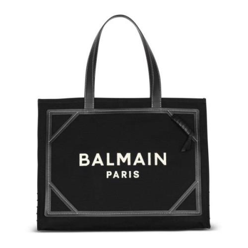 Balmain B-Army 42 monogram canvas och slät lädertoteväska Black, Dam