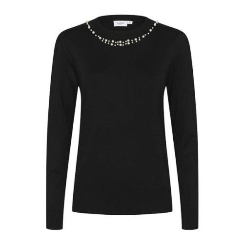 Saint Tropez Svart Stickad Pullover med Pärla Rund Hals Black, Dam