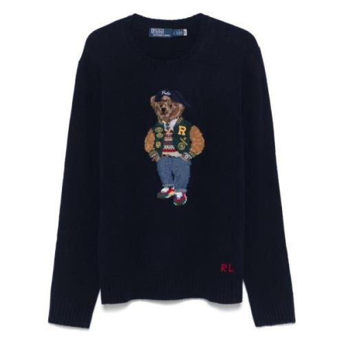 Ralph Lauren Navy Blue Polo Bear Stickad Tröja Blue, Herr