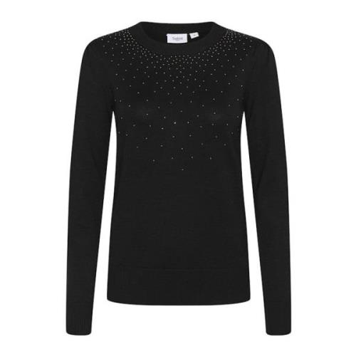 Saint Tropez Svart Stickad Pullover med Similisten Detalj Black, Dam