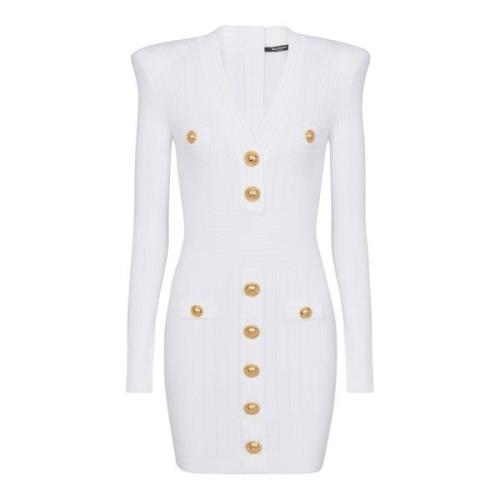 Balmain Kort ekodesignerad stickad klänning med guldtonade knappar Whi...