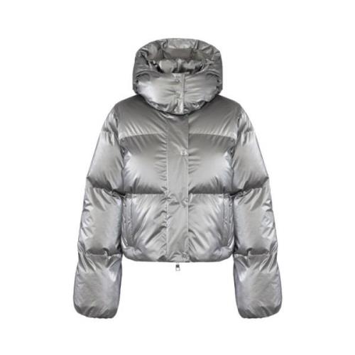 Elisabetta Franchi Metallic Cropped Down Jacket med Avtagbar Huva Gray...