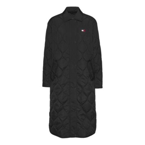 Tommy Hilfiger Quiltad Lång Svart Kappa Dragkedja Black, Dam