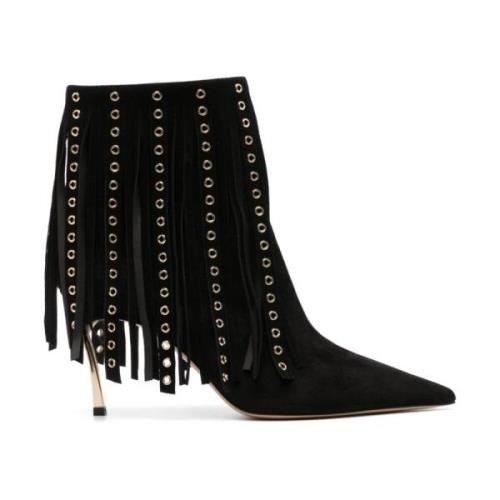 Casadei Svarta Mocka Stiletto Boots med Fransar Black, Dam