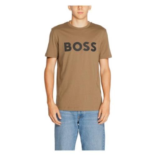 Boss Tryckt bomullst-shirt med rund hals Brown, Herr