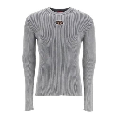 Diesel Räfflad bomull långärmad T-shirt med Oval D-tryck Gray, Herr