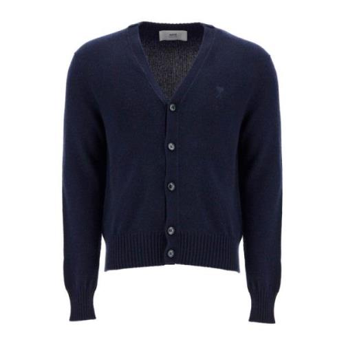 Ami Paris Mjuk Cashmere Cardigan med Broderad Logotyp Blue, Herr