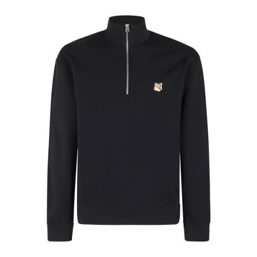 Maison Kitsuné Komfortabel halv zip sweatshirt med rävhuvud patch Blac...