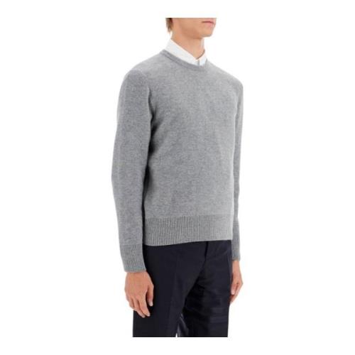 Thom Browne Ull Piqué Crewneck Pullover med Trefärgat Band Gray, Herr