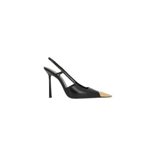 Saint Laurent Svart läder slingback med guld tå Black, Dam