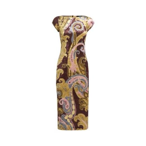 Etro Burgundy Paisley Print Midi Klänning Multicolor, Dam