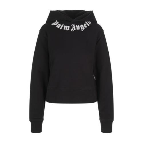 Palm Angels Svart bomullshoodie med vitt logotyp Black, Dam