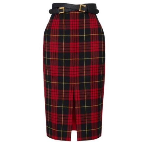 Elisabetta Franchi Tartan ull midi kjol med bälte Multicolor, Dam