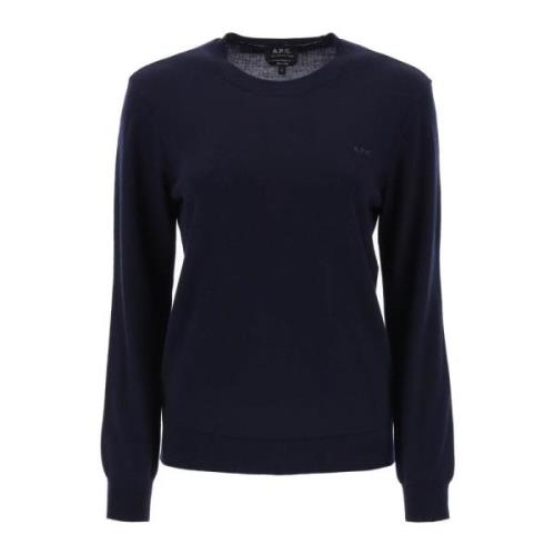 A.p.c. Ull Crewneck Pullover med Broderad Logotyp Blue, Dam