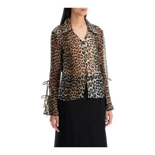 Ganni Leopardmönstrad Chiffongblus med Slips Brown, Dam