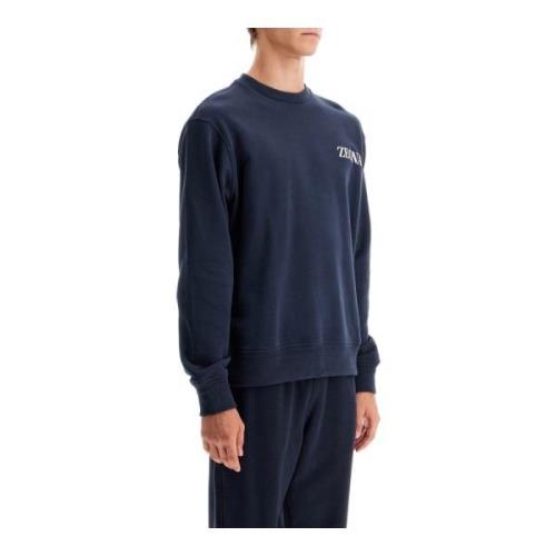 Ermenegildo Zegna Mjuk Bomull Crewneck Sweatshirt med Logo Blue, Herr