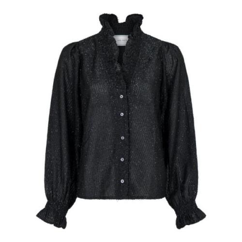 Neo Noir Glitter Smock Blus med Knappar Black, Dam