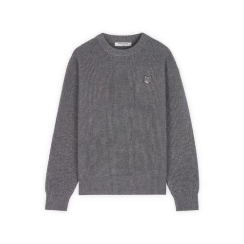 Maison Kitsuné Grå Ribbstickad Tröja med Tonal Logo Gray, Herr