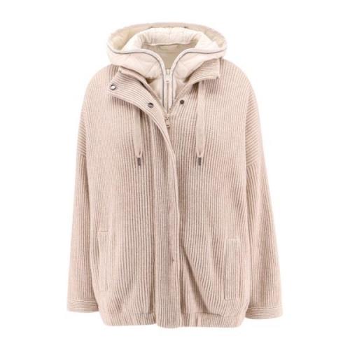 Brunello Cucinelli Kashmir Ribbstickad Jacka med Huva Beige, Dam