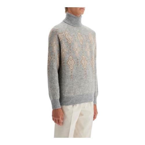 Brunello Cucinelli Geometrisk Jacquard Turtleneck Tröja Gray, Herr