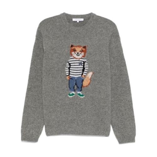 Maison Kitsuné Räv Intarsia Jumper Sweaters Gray, Herr