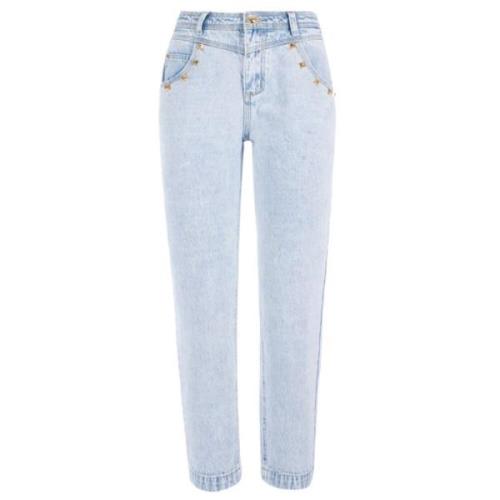 YES ZEE Hög Midja Stud Detalj Ljus Tvätt Jeans Blue, Dam