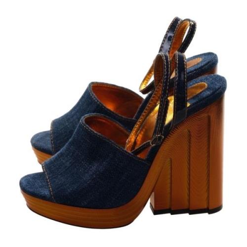 Christian Louboutin Bl Denim Kil Sandal med Gyllene Smmar Blue, Dam