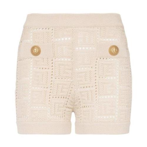 Balmain Stickade Höga Midjeshorts med Guldtonade Knappar Beige, Dam