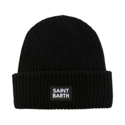 MC2 Saint Barth Svart Ribbstickad Ull Beanie med Logotyp Black, Herr