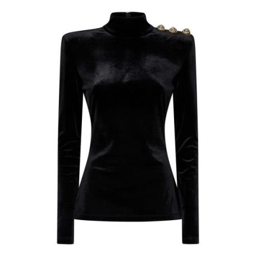 Balmain Svart Sammet Hög Hals Topp Black, Dam