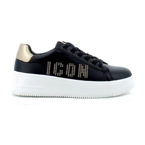 Icon Denim Svart Guld Sneaker med Logotyp Bokstäver och Nitar Black, D...