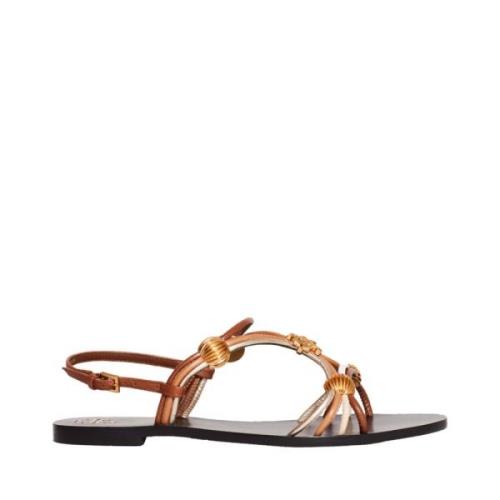 Tory Burch Tan Läder Låga Sandaler med Guldaccent Brown, Dam