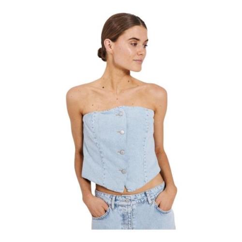 Norr Denim Tube Crop Top med knappar Blue, Dam