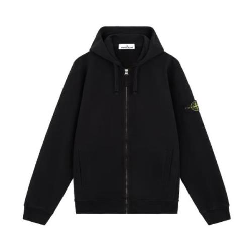 Stone Island Borstad bomullsfleece med hel dragkedja och huva Black, H...