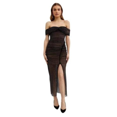 Self Portrait Svart Diamante Fishnet Midi Klänning Black, Dam