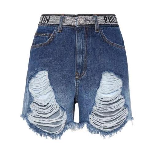 Philipp Plein Blå Distressed Denim Shorts Blue, Dam