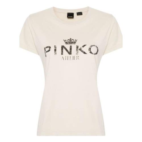 Pinko Beige Jersey T-shirts med Logotyptryck Beige, Dam