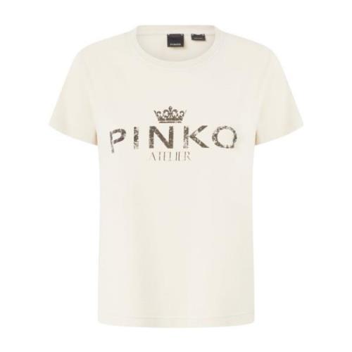 Pinko Bomullst-shirt med Atelier-tryck Beige, Dam