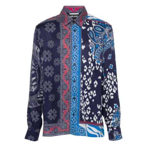 Just Cavalli Blå Långärmad Viskos Skjorta Multicolor, Herr