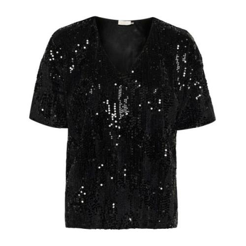 Kaffe Paillett T-shirt Topp Svart Djup Black, Dam