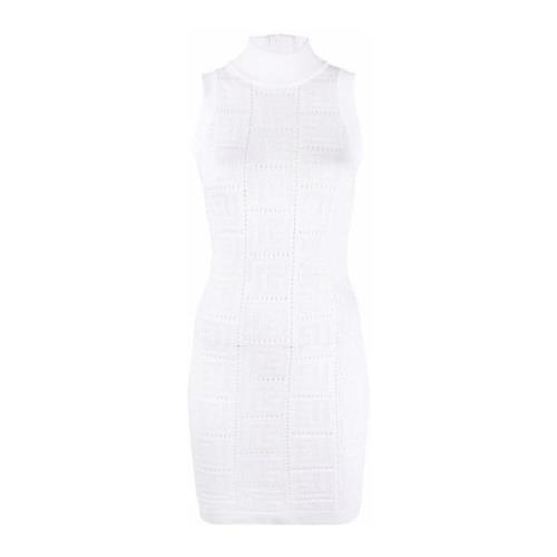 Balmain Vit Stickad Klänning med Monogramdetalj White, Dam